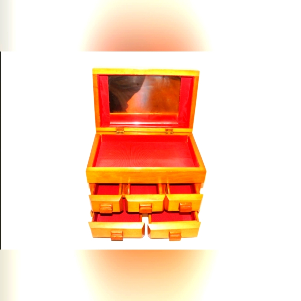 Cedar Wood Jewelry Box Hinged Velvet Mirror Glass 5 Drawers Modern Doll Scale